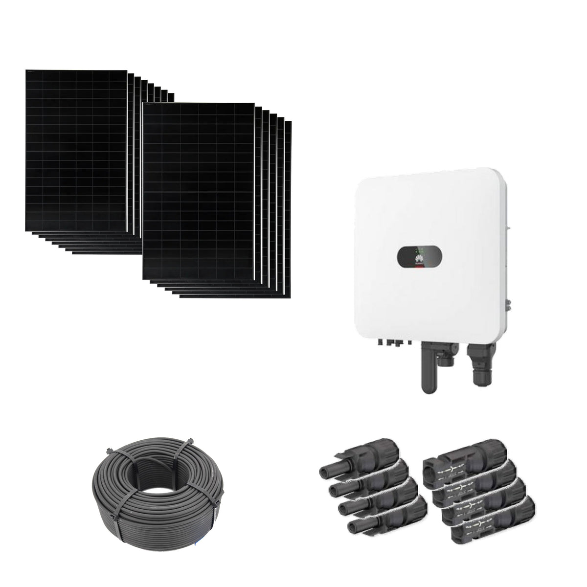 6,72 kWp Solaranlage mit 14 Solar Fabrik Mono S4 BC Black 480 W Modulen, Huawei SUN2000-6K-MAP0 mit WLAN-FE-Dongle, 100 m Solarkabel und vier Paar MC4-Stecker/Buchse