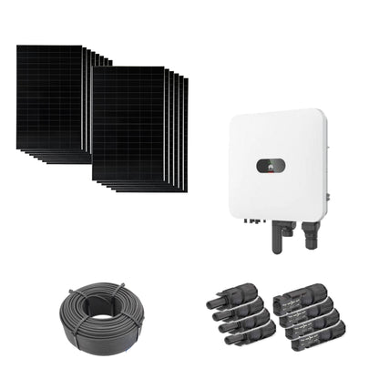 6,72 kWp Solaranlage mit 14 Solar Fabrik Mono S4 BC Black 480 W Modulen, Huawei SUN2000-6K-MAP0 mit WLAN-FE-Dongle, 100 m Solarkabel und vier Paar MC4-Stecker/Buchse