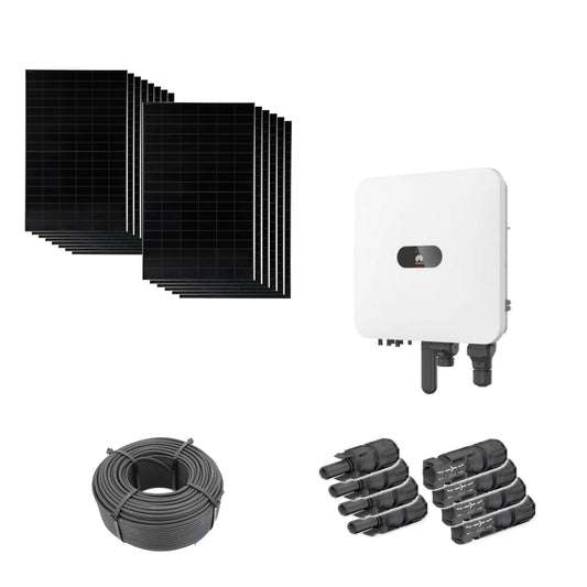 6,72 kWp Solaranlage mit 14 Solar Fabrik Mono S4 BC Black 480 W Modulen, Huawei SUN2000-6K-MAP0 mit WLAN-FE-Dongle, 100 m Solarkabel und vier Paar MC4-Stecker/Buchse