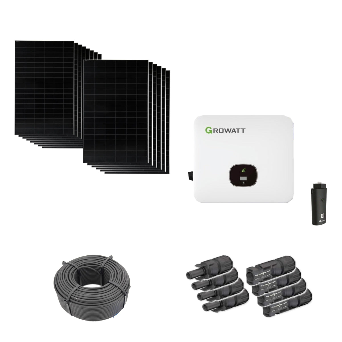 Solaranlage 6,72 kWp mit 14 bifazialen Solar Fabrik Mono S4 BC Black 480-W-Back-Contact-Modulen, Growatt MOD 5000TL3-HU, WLAN-Stick und 100 m Solarkabel mit 6 mm² und vier Paar Stäubli MC4-Stecker/Buchse