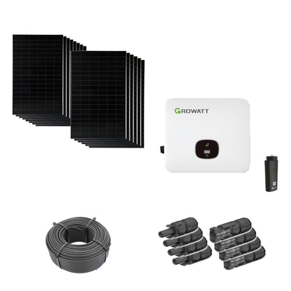 Solaranlage 6,72 kWp mit 14 bifazialen Solar Fabrik Mono S4 BC Black 480-W-Back-Contact-Modulen, Growatt MOD 5000TL3-HU, WLAN-Stick und 100 m Solarkabel mit 6 mm² und vier Paar Stäubli MC4-Stecker/Buchse