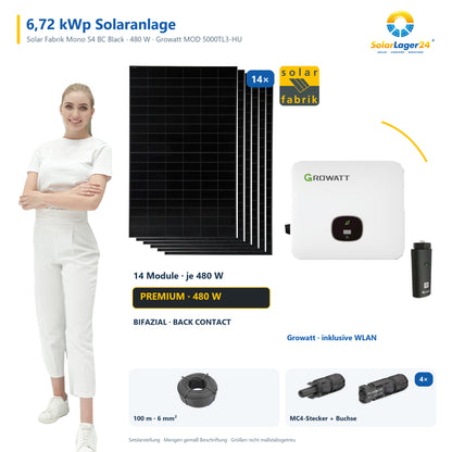 Solaranlage 6,72 kWp mit 14 bifazialen Solar Fabrik Mono S4 BC Black 480-W-Back-Contact-Modulen, Growatt MOD 5000TL3-HU, WLAN-Stick und 100 m Solarkabel mit 6 mm² und vier Paar Stäubli MC4-Stecker/Buchse – präsentiert von einem SolarLager24 Model