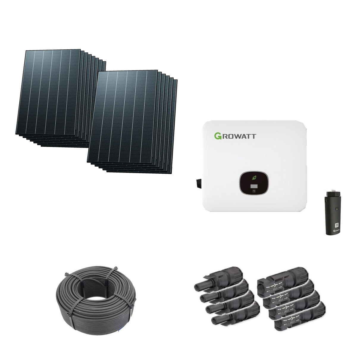Solaranlage 6,72 kWp mit 14 Trina Solar Vertex S+ G3 Ultra 480-W-Modulen, Growatt MOD 5000TL3-HU, WLAN-Stick und 100 m Solarkabel mit 6 mm² und vier Paar Stäubli MC4-Stecker/Buchse