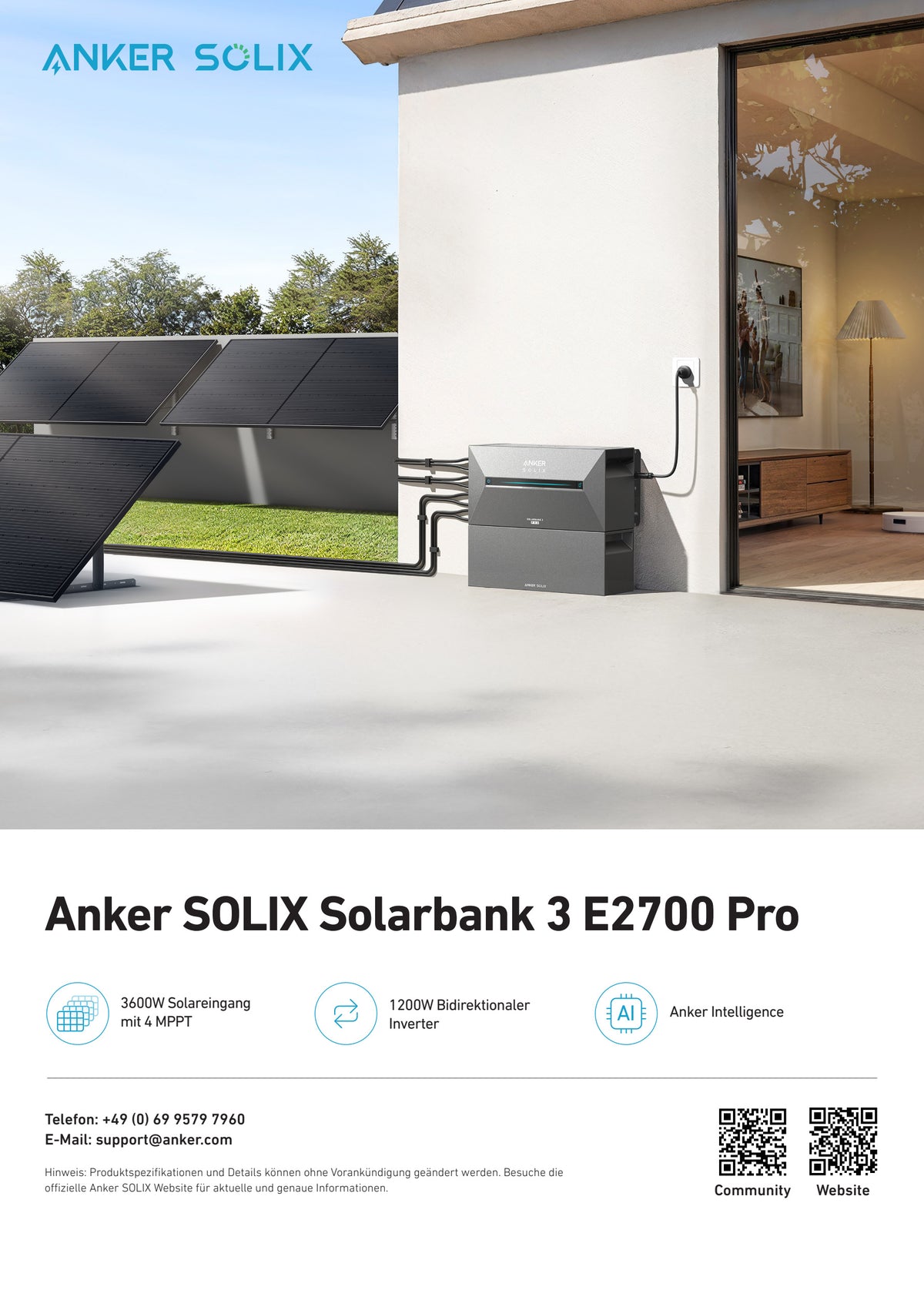Anker SOLIX Solarbank 3 E2700 Pro – Herstellerdatenblatt, Seite 1 von 2, Produktübersicht und Funktionen.