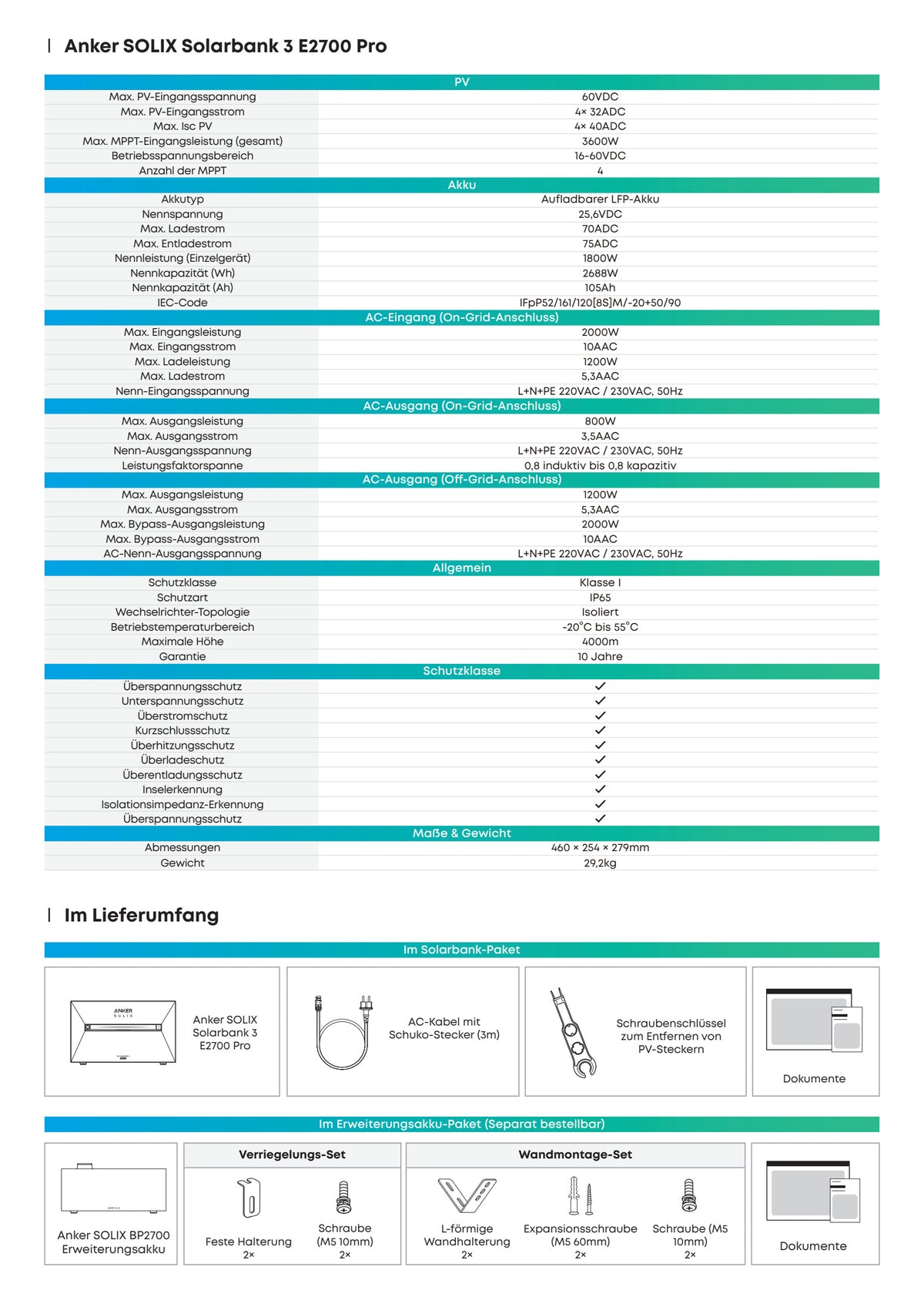 Anker SOLIX Solarbank 3 E2700 Pro – Herstellerdatenblatt, Seite 2 von 2, technische Daten und Lieferumfang.