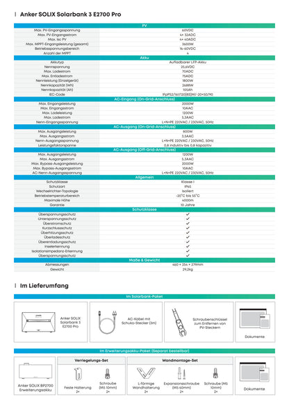 Anker SOLIX Solarbank 3 E2700 Pro – Herstellerdatenblatt, Seite 2 von 2, technische Daten und Lieferumfang.