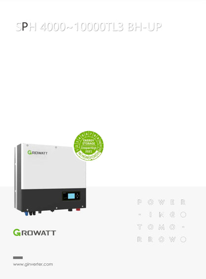 Growatt SPH4000 bis SPH10000TL3-BH-UP Hybrid-Wechselrichter – Herstellerdatenblatt, Seite 1 von 2, Produktübersicht und Eigenschaften.