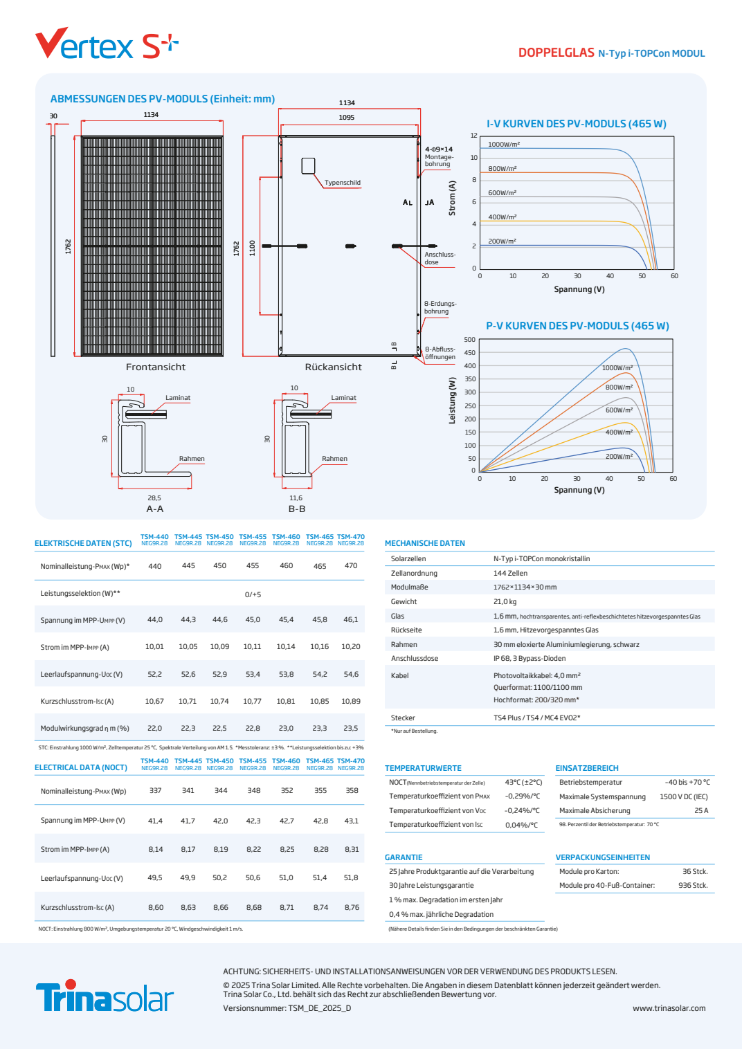 Trina Solar Vertex S+ TSM-470NEG9R.28 – Herstellerdatenblatt Seite 2