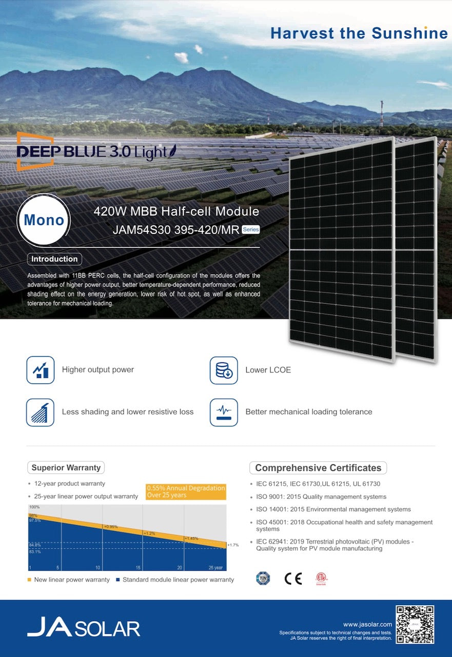 JA Solar 410W ## JAM54S30-410 MR, Solarmodul, Mono PERC, silberner Rahmen ##