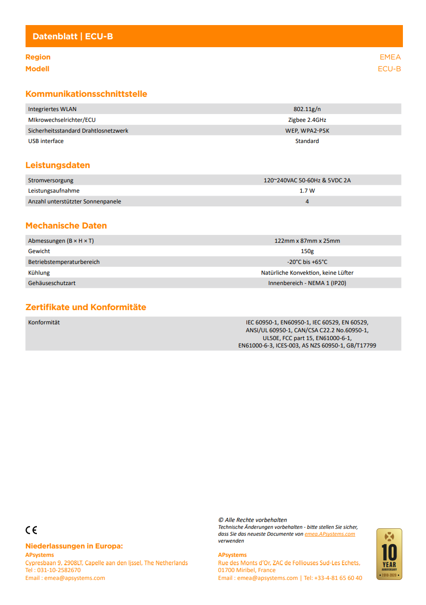 APSystems ECU-B Kommunikationsgateway # WLAN Monitoring für Modulwechselrichter