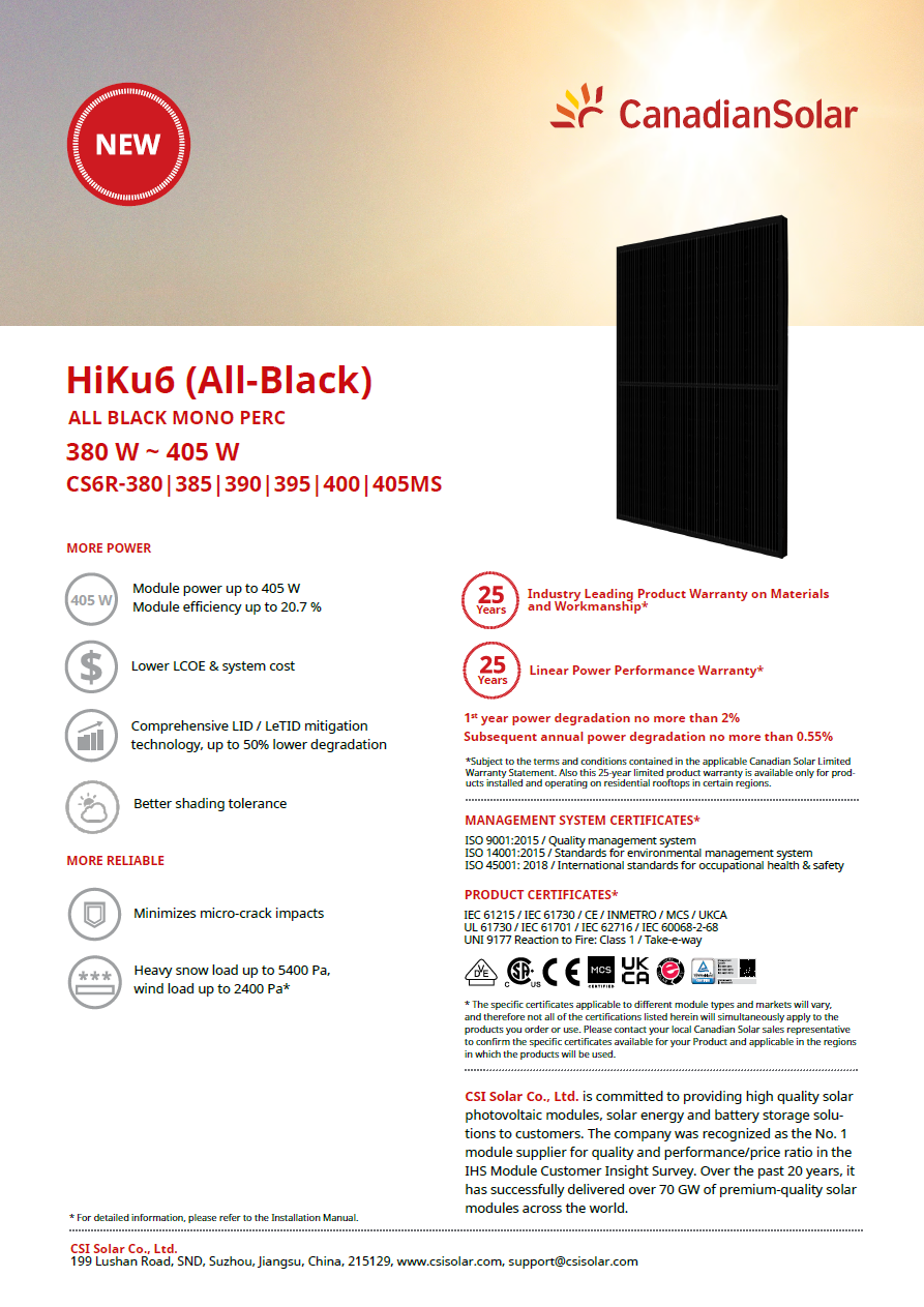 Canadian Solar HiKu6 CS6R-395MS ## Solarmodul 395W, Black, 25 Jahre Garantie ##